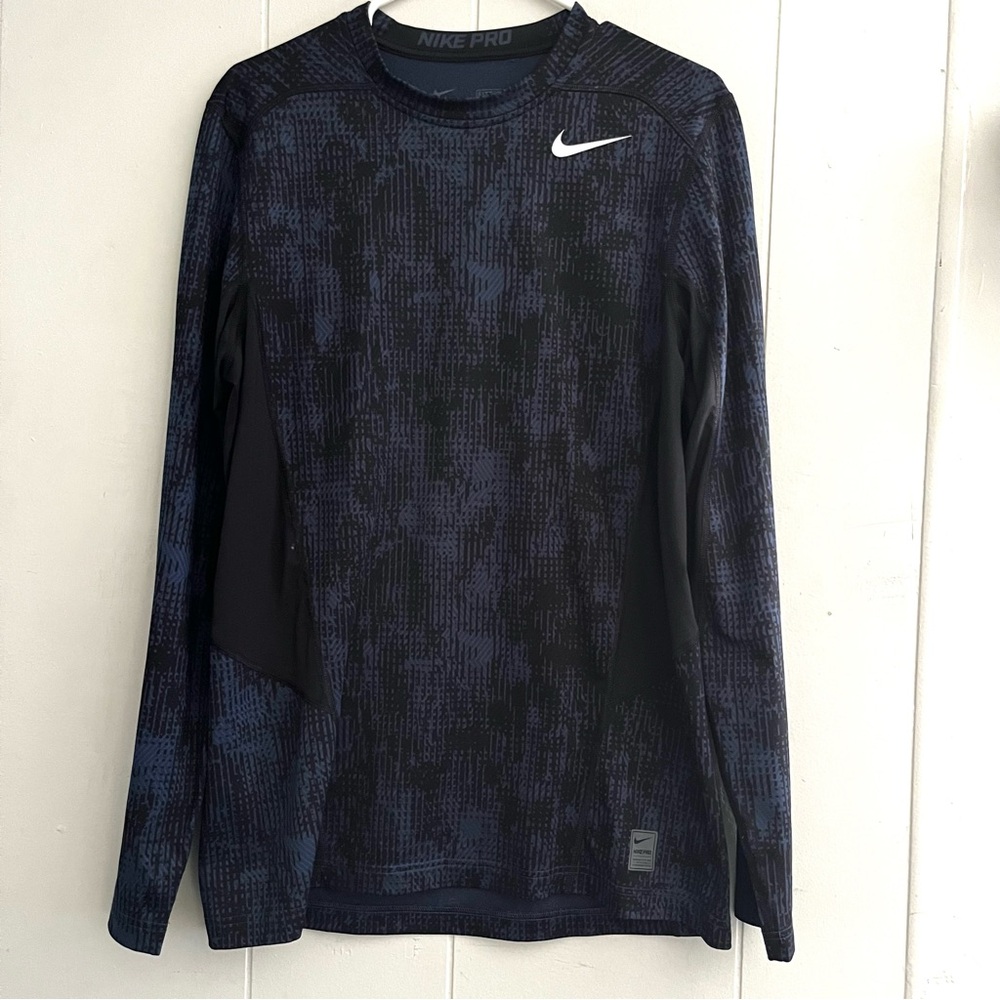 Nike Pro Dri-FIT Fitted Long Sleeve Shirt Blue/Black Athletic Training Top Sz L